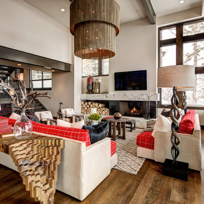 Inspiration for a large rustic open concept medium tone wood floor and brown floor family room remodel in Salt Lake City with white walls, a metal fireplace, a wall-mounted tv and a ribbon fireplace