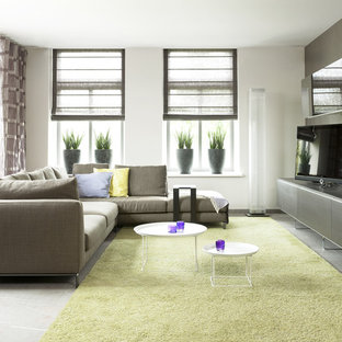 Minimalist gray floor family room photo in Amsterdam with a tv stand