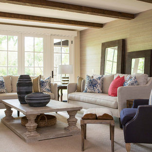 Mid-sized transitional enclosed carpeted family room photo in Minneapolis with beige walls and no fireplace
