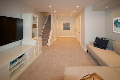 Example of a mid-sized transitional open concept carpeted and beige floor game room design in Philadelphia with gray walls, no fireplace and a wall-mounted tv
