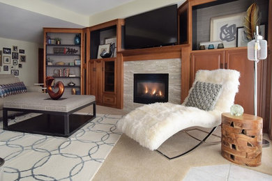 Inspiration for a large transitional open concept carpeted and beige floor family room remodel in Minneapolis with a bar, white walls, a standard fireplace, a stone fireplace and a wall-mounted tv