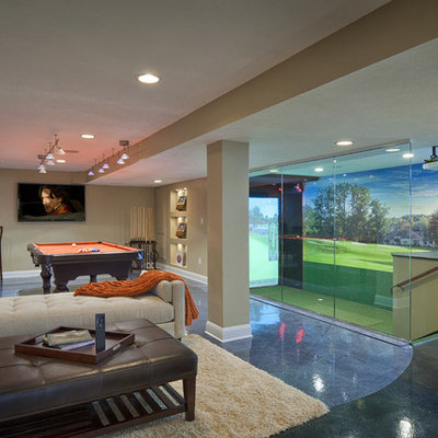 Family room - mid-sized contemporary open concept concrete floor and blue floor family room idea in Cleveland with beige walls
