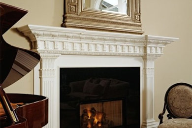 Example of a mid-sized classic open concept carpeted family room design in Detroit with beige walls, a standard fireplace, a plaster fireplace and no tv