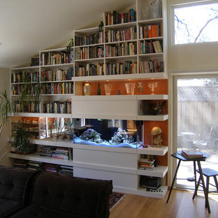 Mittelgroßes Modernes Wohnzimmer mit oranger Wandfarbe und hellem Holzboden in San Francisco