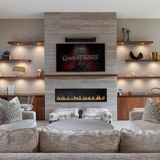 Mid-sized transitional open concept family room photo in DC Metro with gray walls, a ribbon fireplace, a tile fireplace and a wall-mounted tv