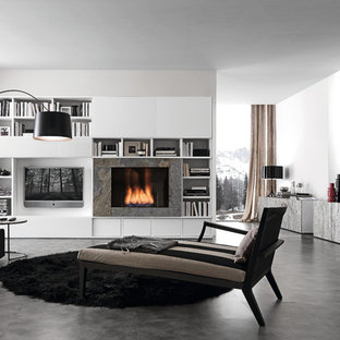Inspiration for a modern open concept family room remodel in Philadelphia with white walls, a media wall and a ribbon fireplace