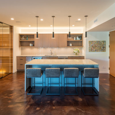 Large trendy open concept concrete floor and brown floor family room photo in Seattle with a bar, white walls and a tv stand