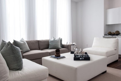 Modelo de sala de estar cerrada contemporánea de tamaño medio sin chimenea y televisor con paredes blancas, suelo de madera oscura y suelo marrón