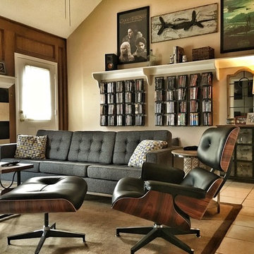 Mid century modern mix in family room with surround sound.