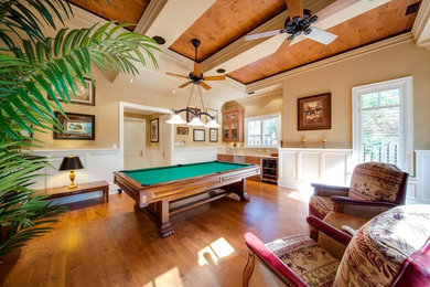 Inspiration for a large traditional enclosed games room in Toronto with a game room, beige walls, medium hardwood flooring, no fireplace and no tv.