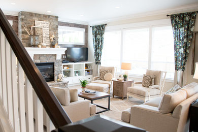 Country family room photo in Portland with beige walls, a standard fireplace and a stone fireplace