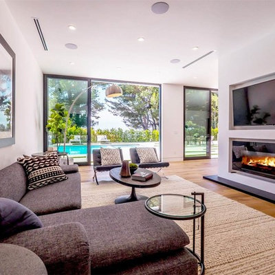 Example of a large trendy enclosed medium tone wood floor and brown floor family room design in Los Angeles with white walls, a ribbon fireplace, a concrete fireplace and a wall-mounted tv