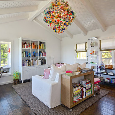 Trendy dark wood floor family room photo in Santa Barbara with white walls and no fireplace