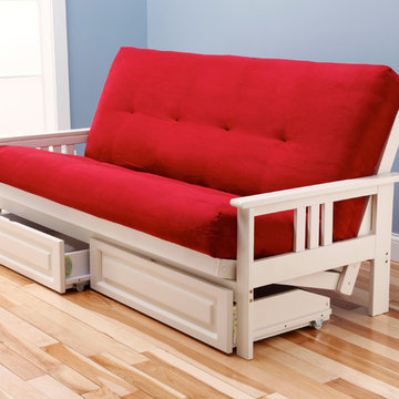 Monterey Antique White Frame with Suede Red Mattress with Storage Drawers