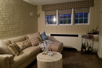 Motorized Woven Wood Roman Shades with an Upholstered Cornice Board