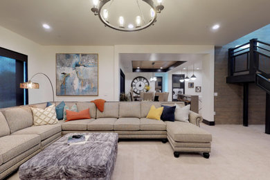 Example of a large mountain style open concept carpeted and beige floor family room design in Salt Lake City with white walls