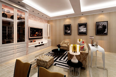 Modelo de sala de estar con barra de bar abierta grande con paredes marrones, suelo de mármol y pared multimedia