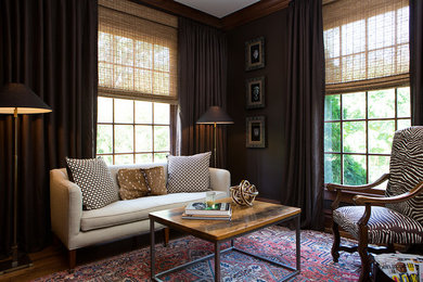 Inspiration for a timeless living room remodel in Nashville with brown walls