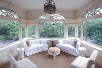 Example of a classic carpeted and beige floor family room design in New Orleans with beige walls