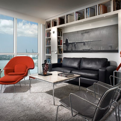 Inspiration for a contemporary family room remodel in New York with white walls