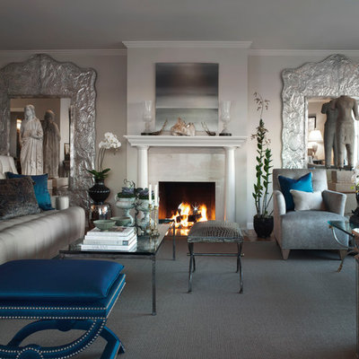 Inspiration for an eclectic family room remodel in San Francisco with beige walls, a standard fireplace and no tv