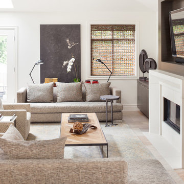North Vancouver- Modern Living Room, Built-in bookshelves, Grey Sofa, White Fire