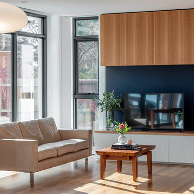 Example of a trendy light wood floor family room design in Canberra - Queanbeyan with white walls and a tv stand