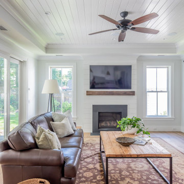 Open Family Room with Shiplap Walls+Ceiling
