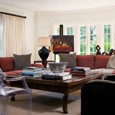 Large elegant enclosed dark wood floor family room photo in Orlando with white walls, no fireplace and no tv