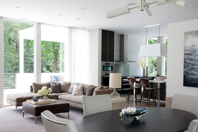 Imagen de sala de estar abierta moderna grande con paredes blancas, suelo de madera clara, chimenea de esquina, marco de chimenea de piedra y televisor colgado en la pared
