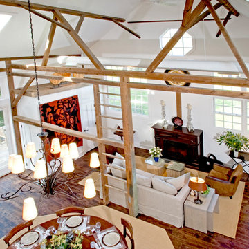 Overall view of the dining and living room of the remodeled barn in Bucks County