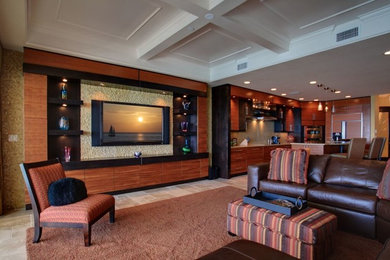 На фото: большая открытая гостиная комната в стиле неоклассика (современная классика) с бежевыми стенами, полом из керамической плитки, телевизором на стене и ковром на полу без камина с