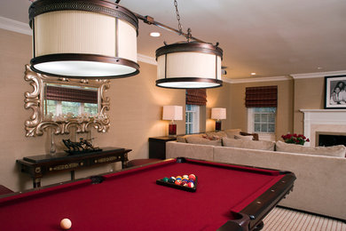 Game room - large transitional open concept carpeted game room idea in New York with beige walls, a standard fireplace and a plaster fireplace