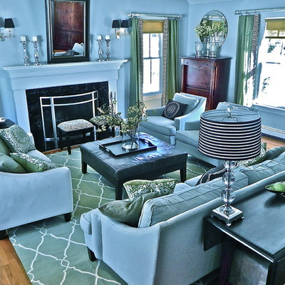 Family room - traditional family room idea in Boston with blue walls