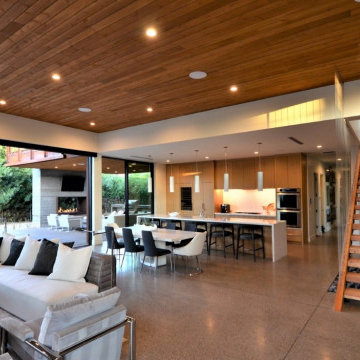 Pre-finished cedar wood ceilings and soffits add warmth to this modern design