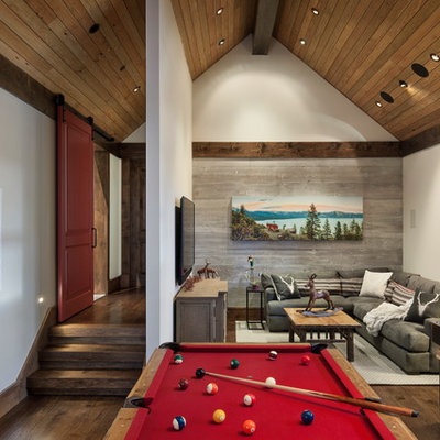 Inspiration for a rustic enclosed dark wood floor and brown floor family room remodel in Sacramento with white walls, no fireplace and a wall-mounted tv