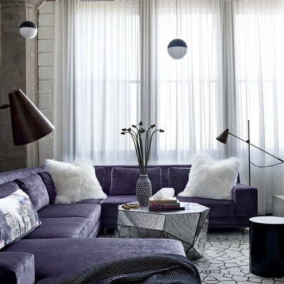 Example of a trendy family room design in Chicago with white walls, no fireplace and a wall-mounted tv