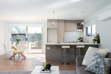 Kleines, Offenes Modernes Wohnzimmer mit weißer Wandfarbe, Vinylboden und braunem Boden in Sonstige