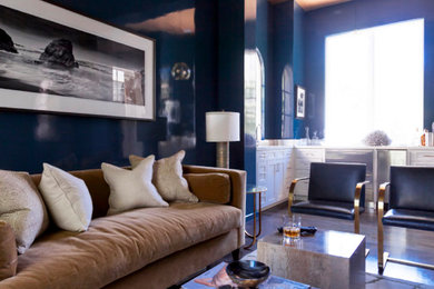 Mid-sized eclectic enclosed dark wood floor family room photo in San Diego with a bar, blue walls and a wall-mounted tv