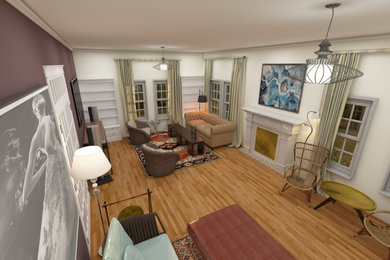 Ejemplo de sala de estar cerrada bohemia grande con paredes multicolor, suelo de madera clara, marco de chimenea de baldosas y/o azulejos y televisor colgado en la pared