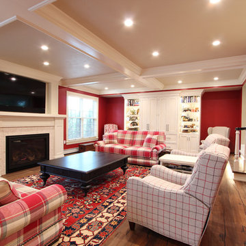 Red Family Room with Coffered Ceilings and seating for 8