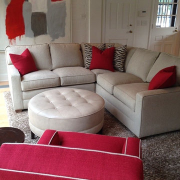 Red, Gray and White Contemporary Family Room