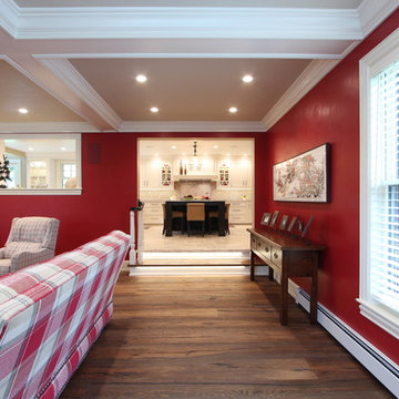 Red Sunken Family Room off Kitchen with Large Island