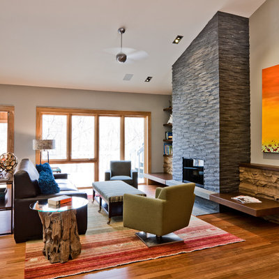 Family room - contemporary family room idea in Minneapolis with a stone fireplace