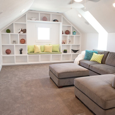 Example of a mid-sized arts and crafts enclosed carpeted family room library design in Salt Lake City with white walls, no fireplace and a wall-mounted tv