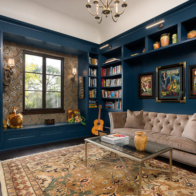 Family room library - mid-sized transitional enclosed dark wood floor and brown floor family room library idea in Los Angeles with blue walls