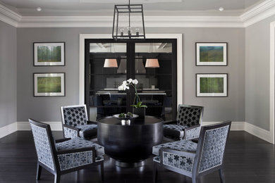 Transitional dark wood floor and black floor family room photo in New York with gray walls, no fireplace and no tv