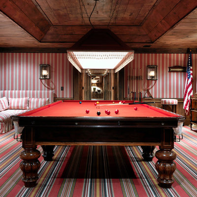 Inspiration for a huge rustic open concept carpeted game room remodel in Other with multicolored walls