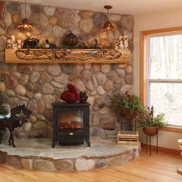 Rustic Log Mantel & Stone Fireplace