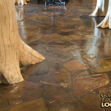 Rustic real stone floor flare bottom log posts Lakehouse 4166AL